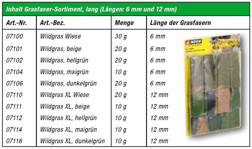 07071 - NOCH - Grasfaser-Sortiment, lang ( 10 verschiedene Varianten 6mm bis 12mm im Beutel)