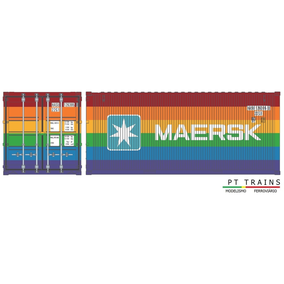 190013 - PT-Trains - Maersk Regenbogen-Set (1x 20ft. + 1x 40ft. HC Container + 1 Anstecknadel)