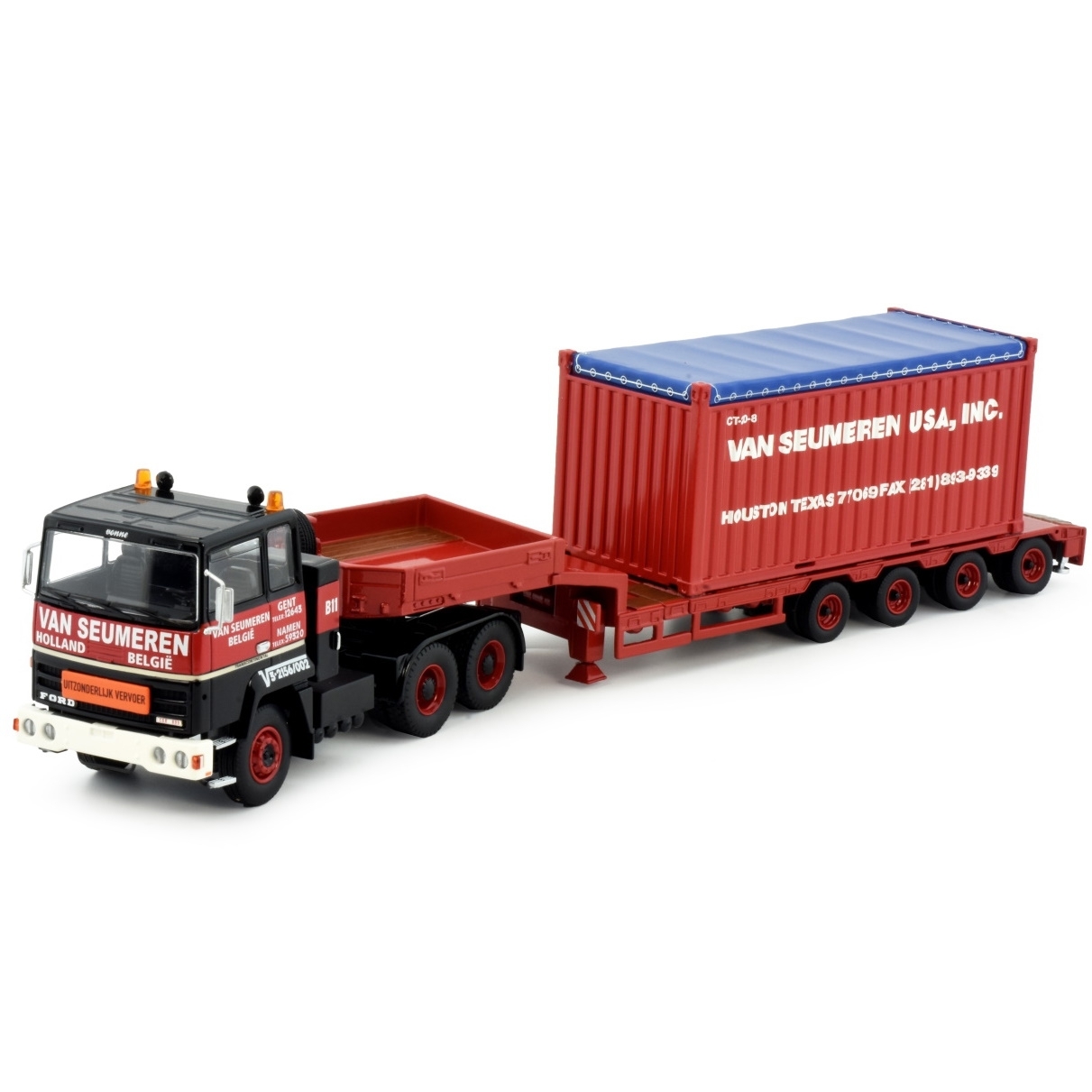 410298 - Tekno - Ford Continental mit 4achs Tieflader und Container - Van Seumeren