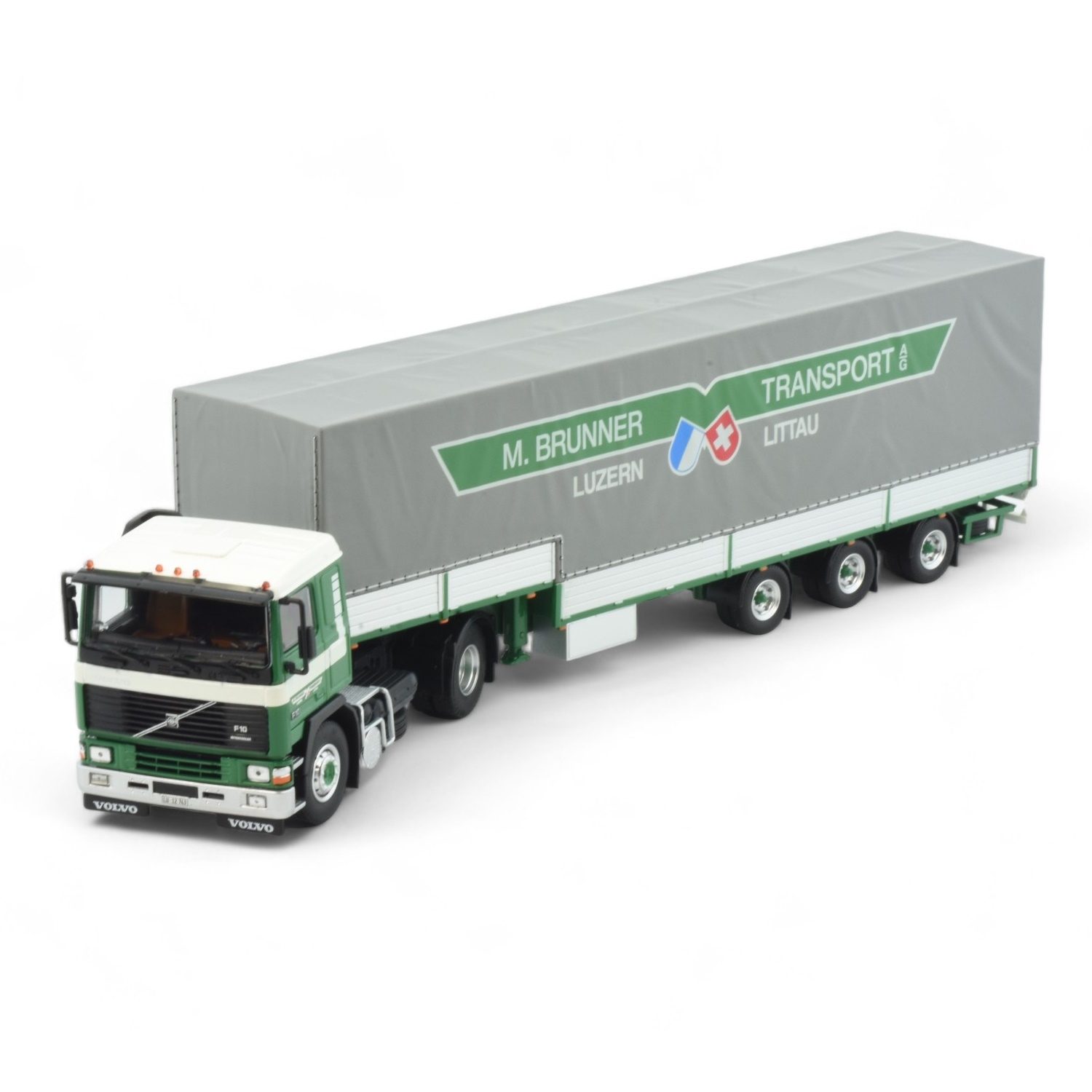 85931 - Tekno - Volvo F10 4x2 mit 3achs klassischen Volumen-Planenauflieger - Brunner - CH