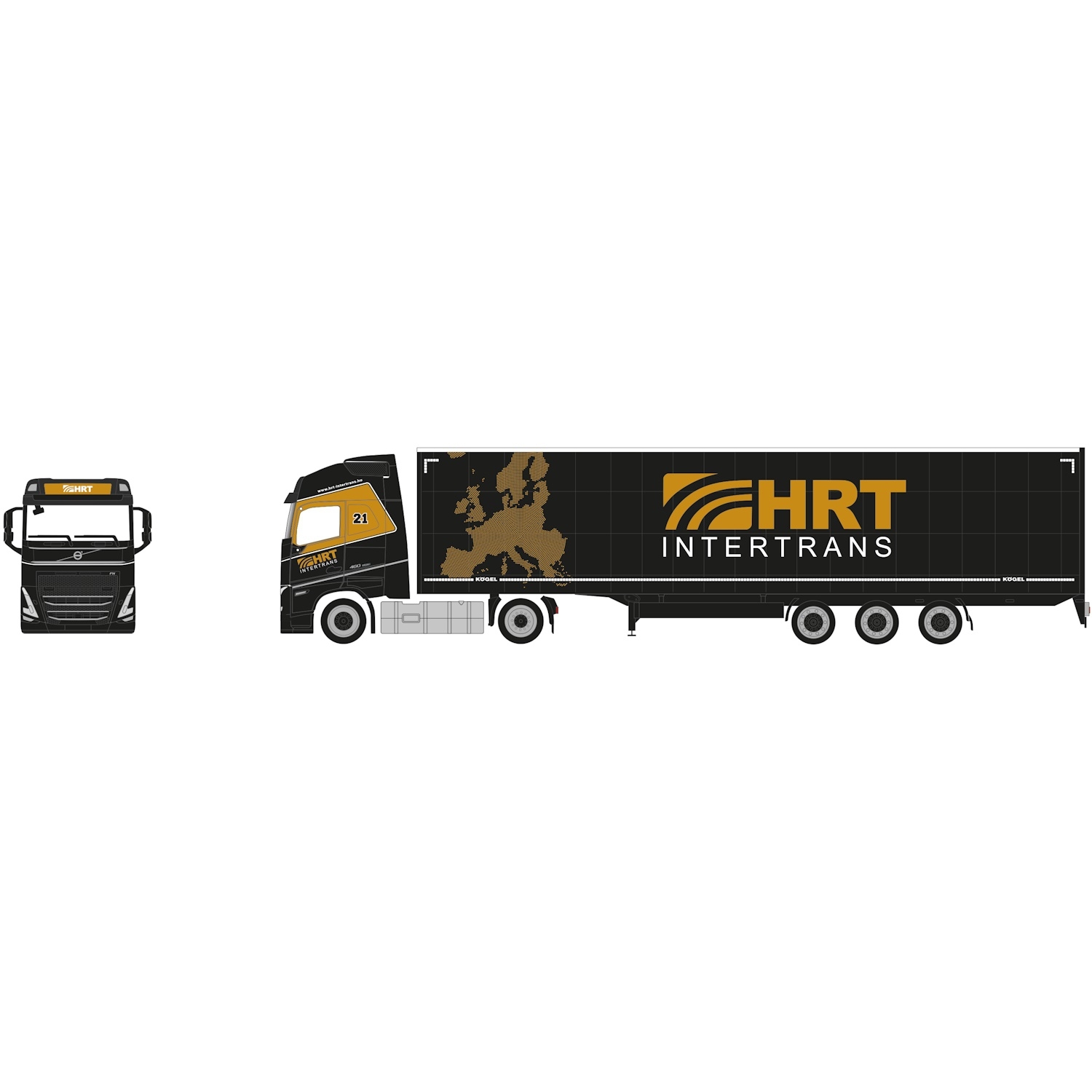 957076 - Herpa - Volvo FH5 Globetrotter XL Lowliner Gardinenplanen-Sattelzug "HRT Intertrans" HU