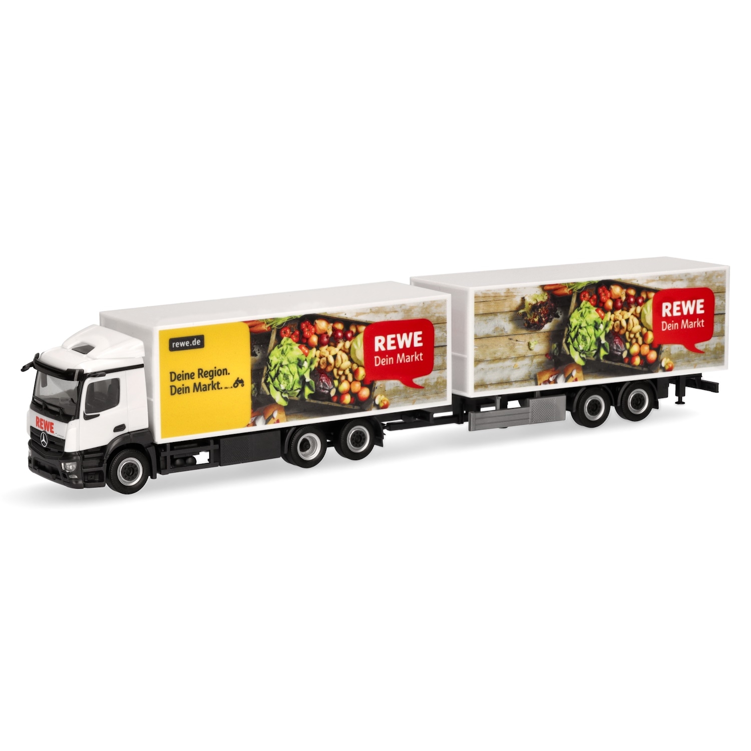 316378 - Herpa - Mercedes-Benz Actros ClassicSpace 2,3 reefer box tandem truck/trailer "REWE"