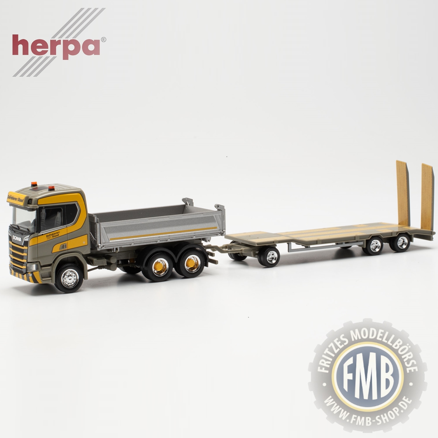 950596 - Herpa - Scania CR 3achs Baukipper mit TU3 Tieflade-Anhänger "Dornbierer" CH