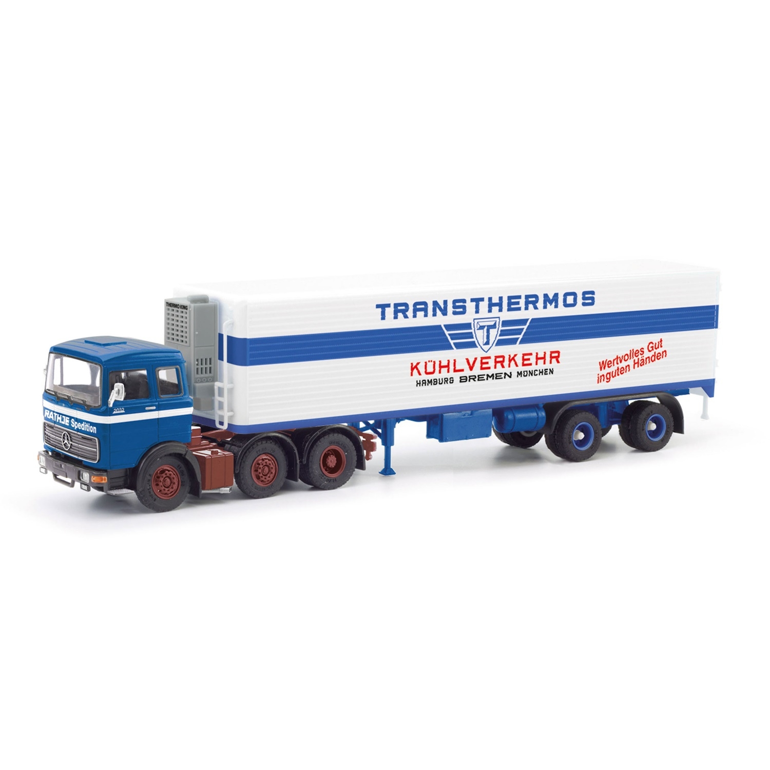 87MBS026215 - Herpa - Mercedes-Benz LPS 2032 with ribbed reefer box trailer "Rathje / Transthermos"