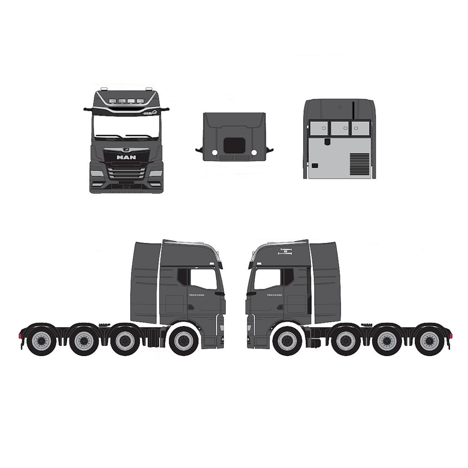 958233 - Herpa - MAN TGX GX 37.580 8x4 truck tractor with chrome attachments, nardo gray