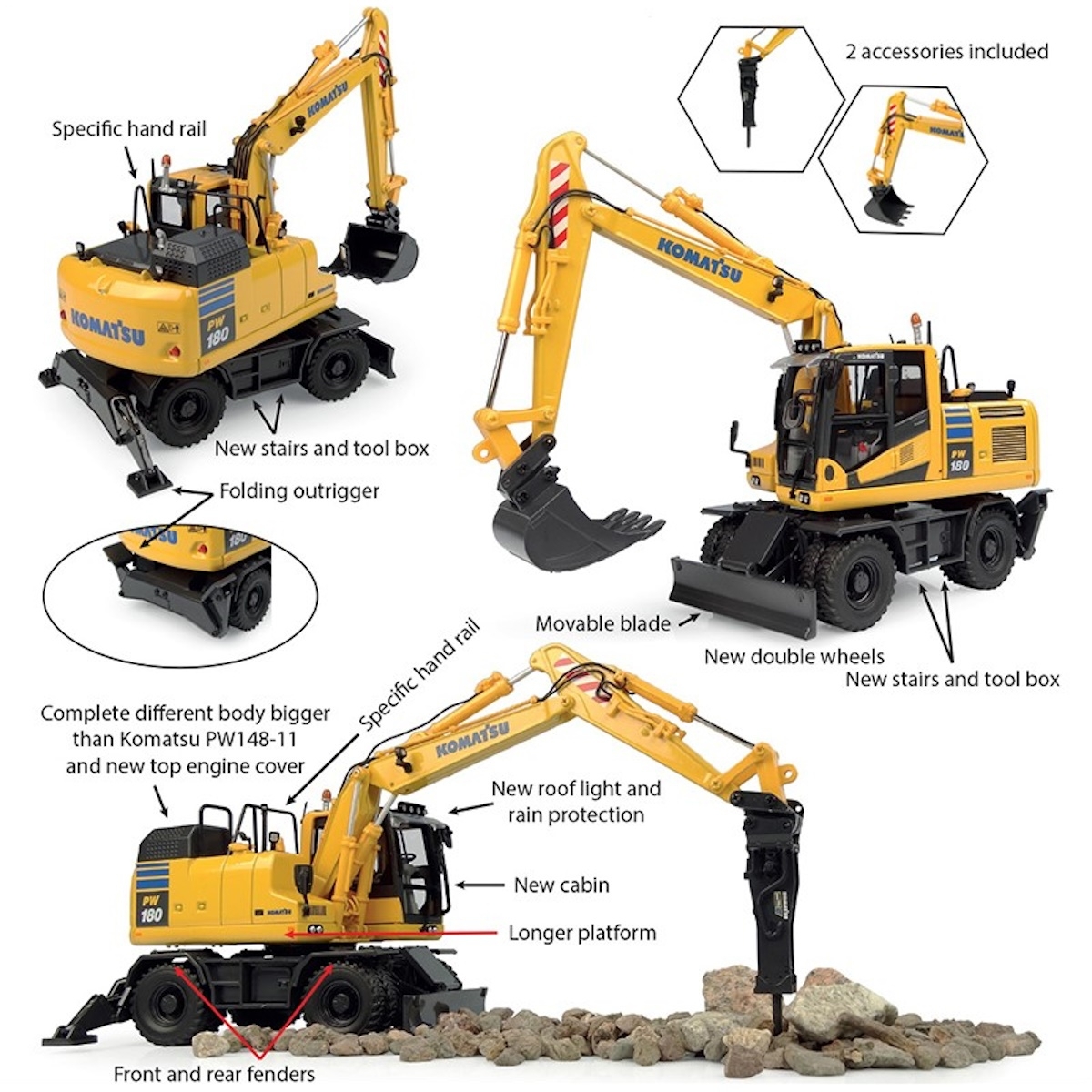 8163 - UH - Komatsu PW 180-11 mobile excavator with bucket and hydraulic breaker