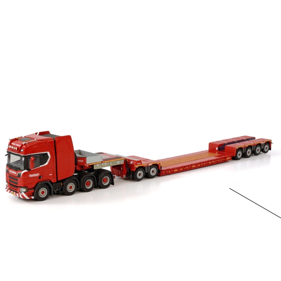 5927188 - WSI - Scania S HL 8x4 mit Nooteboom 4achs Tieflader + 2achs Dolly - Red Line - NL -