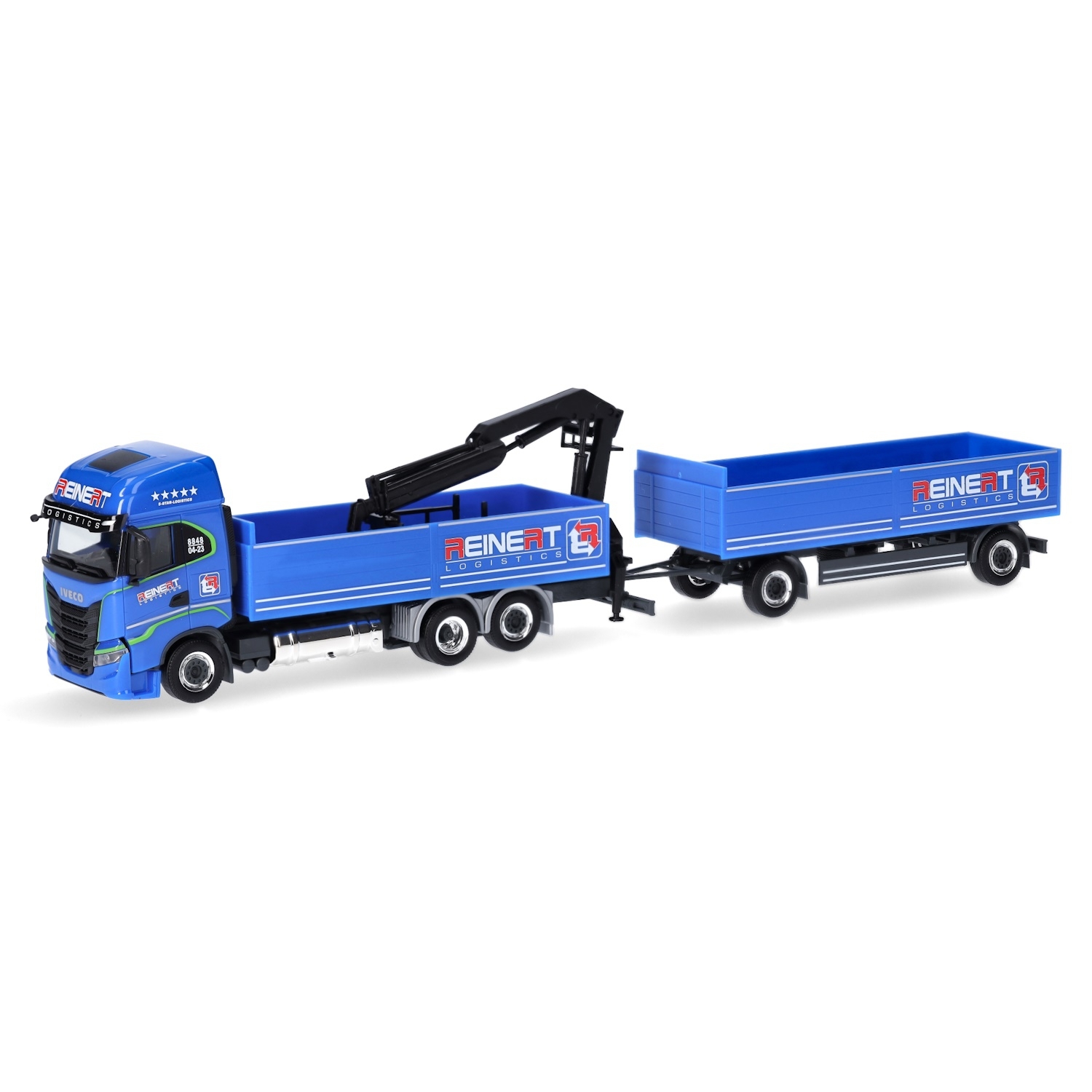 315265 - Herpa - Iveco S-Way AS LNG loadbed truck/trailer with crane "Reinert Logistic"