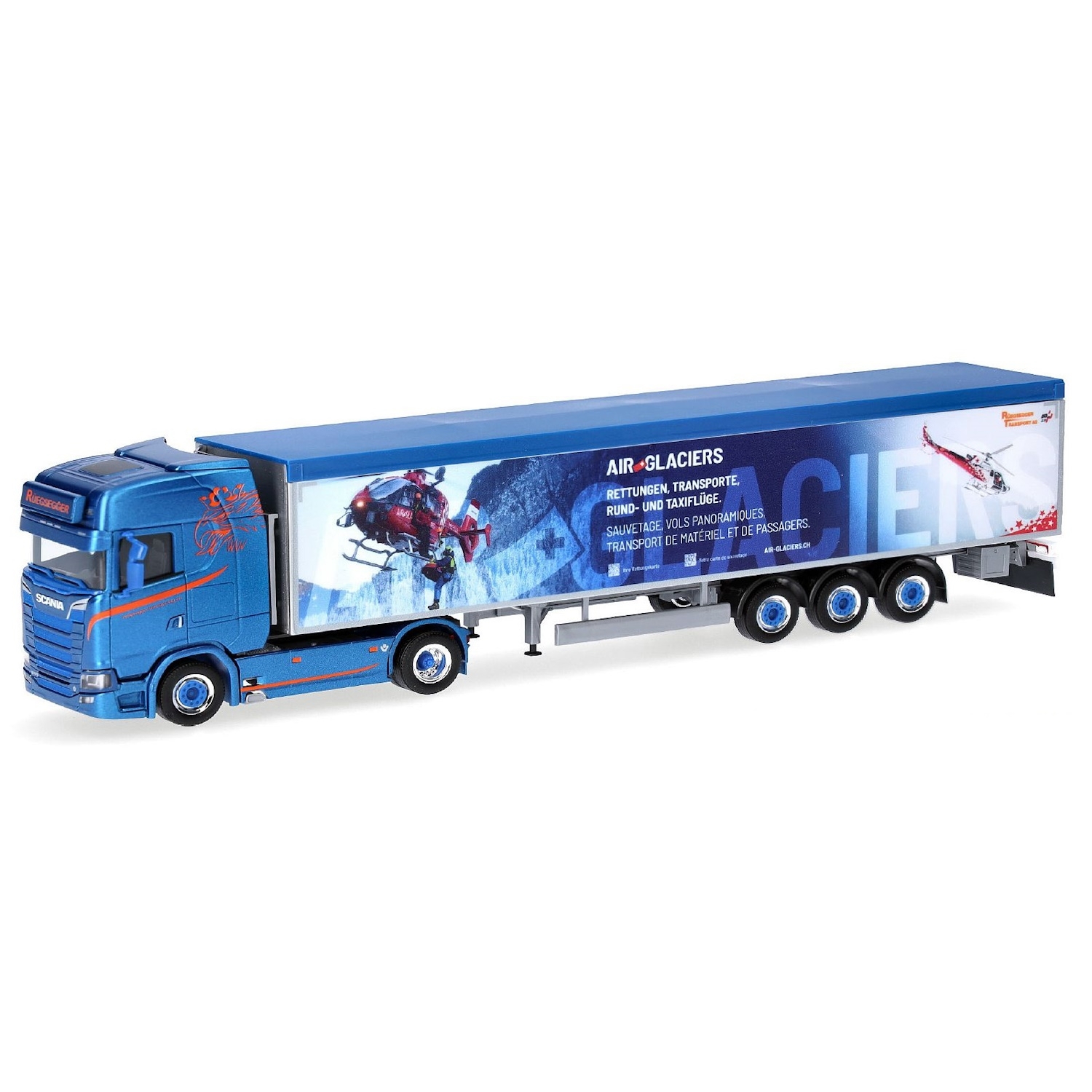 957229 - Herpa - Scania CS Highline with walking floor semitrailer "Rüegsegger / Air Glacier" CH