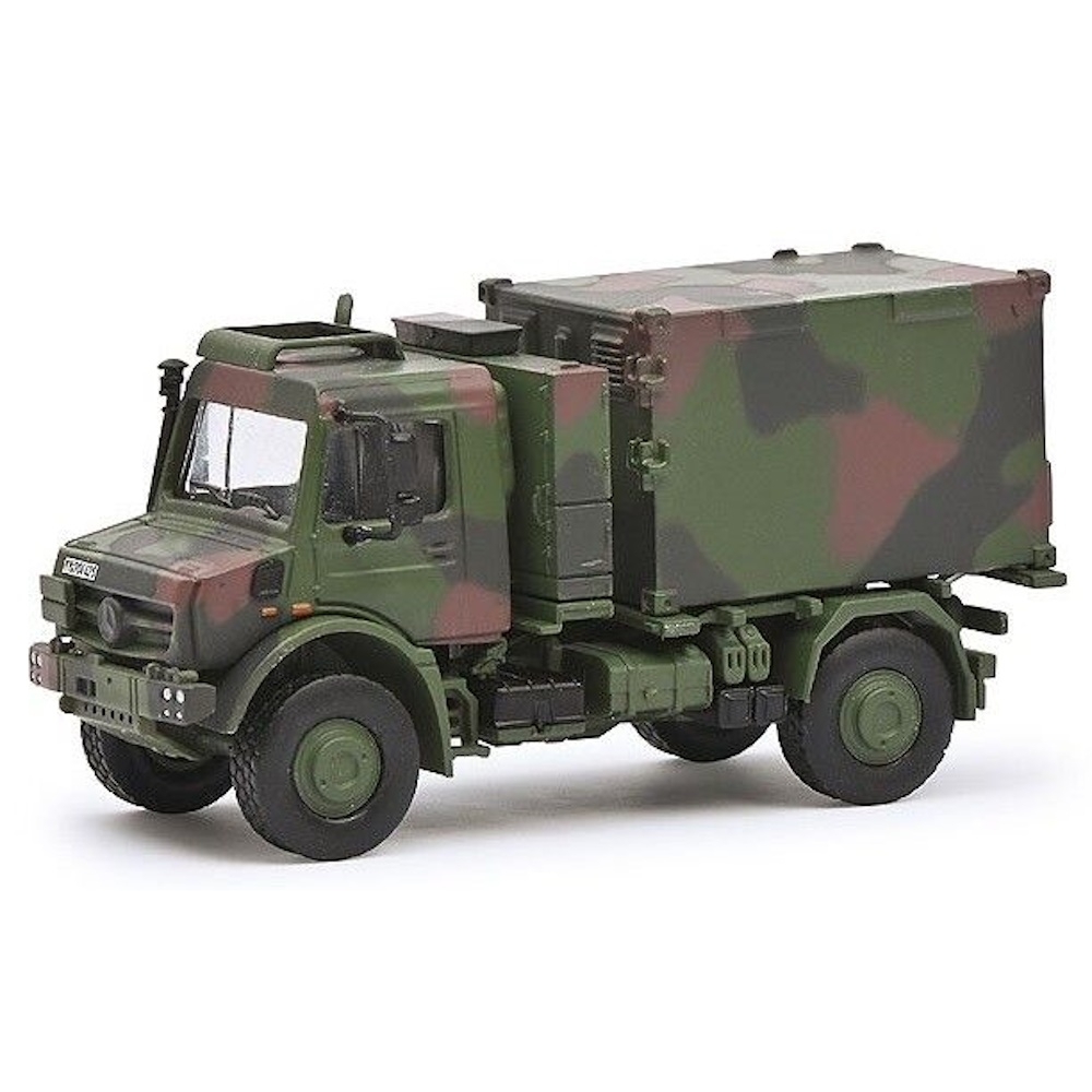 452666000 - Schuco - Mercedes-Benz Unimog 5023 with radio cab "Bundeswehr", camouflage