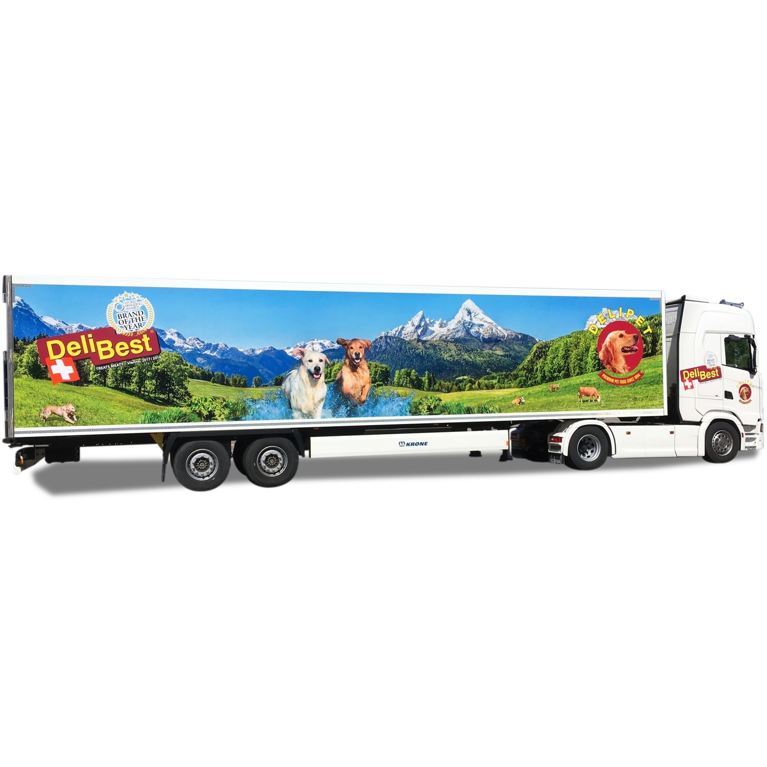 950848 - Herpa - Scania CS Highline Kühlkoffer-Sattelzug "Delipet AG / Lady Sina" CH