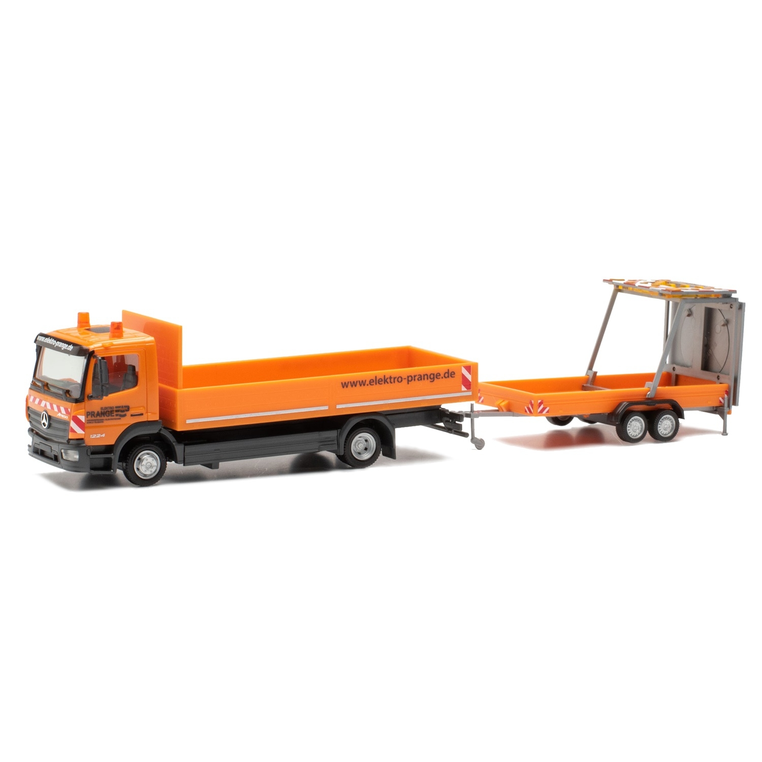 956246 - Herpa - Mercedes-Benz Atego `13 loadbed truck with traffic sign trailer "Elektro Prange"