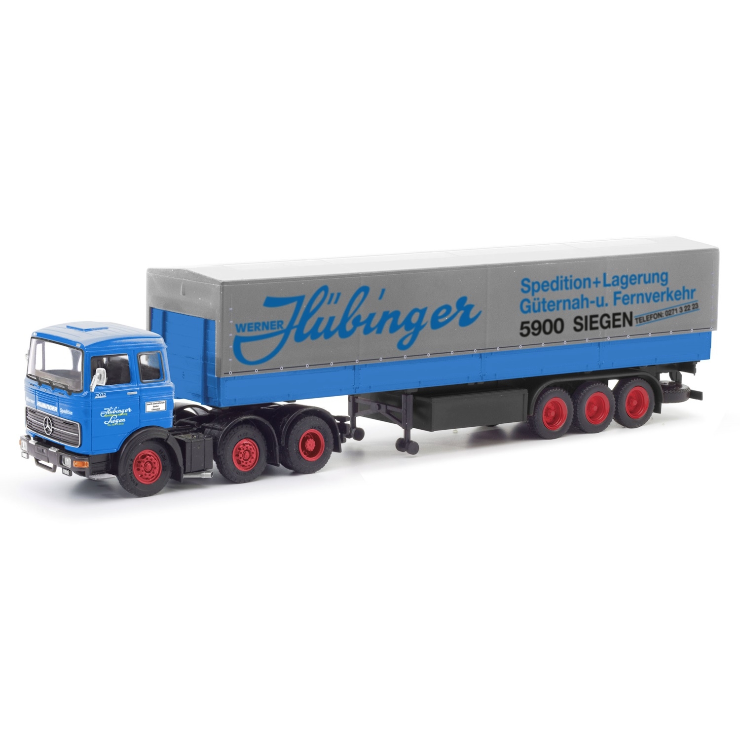 87MBS026253 - Herpa - Mercedes-Benz LPS 2032 with covered semitrailer "Hübinger"