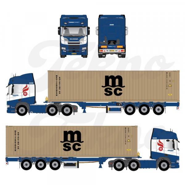 86828 - Tekno - Scania R-serie HL 6x2 mit 3achs Chassi und 40ft MSC Container - Dania Connect - DK -