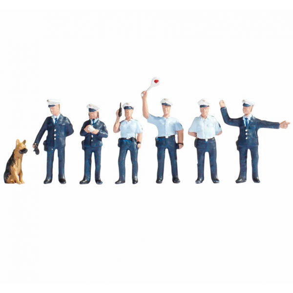 15091 - NOCH Figuren - Polizisten, blaue Uniform  ( 6 Stück mit Hund )