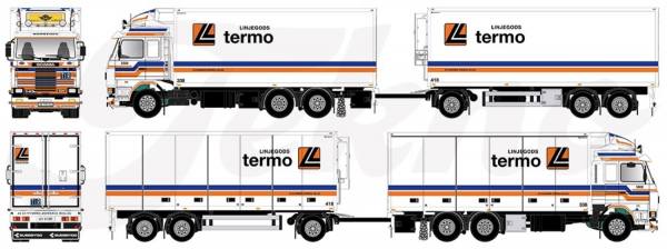 85109 - Tekno - Scania 143-420 Kühlhängerzug mit 3achs Anhänger - Linjegods - N -