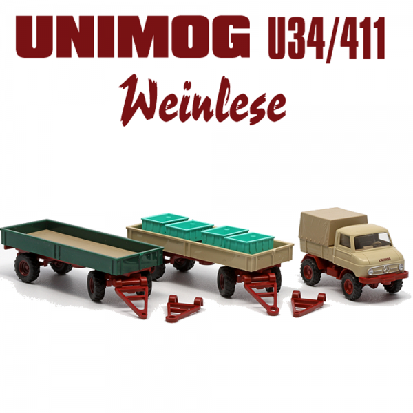 837101- Wiking - Mercedes-Benz Unimog U34 / 411 mit 2 Anhängern "Weinlese"