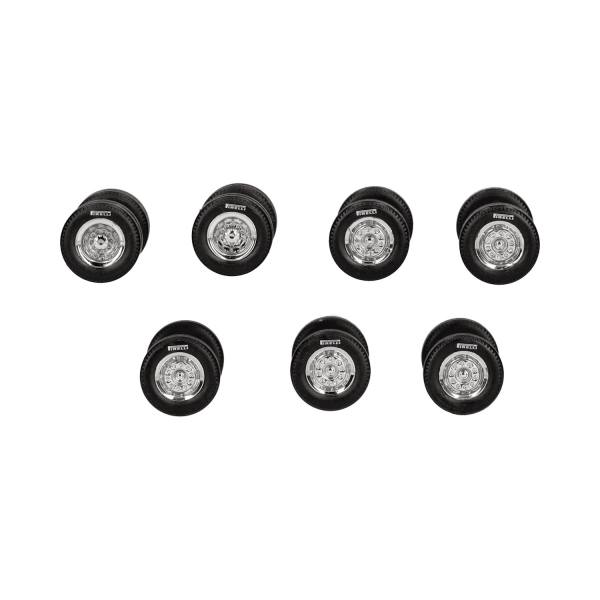 054348 - Herpa - Radsatz chrom "Pirelli" : 1x Lenk-, 1x Vorlauf-, 2x Antriebs- & 3x Aufliegerachsen