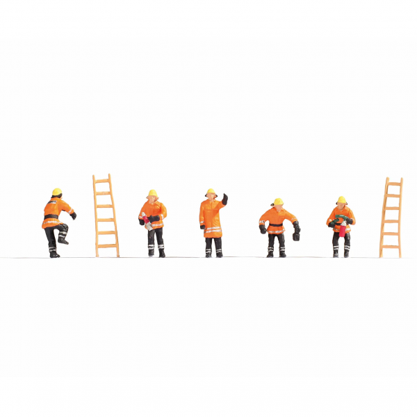 15022 - NOCH Figuren - Feuerwehrmänner, orange ( 5 Stück mit Leitern )