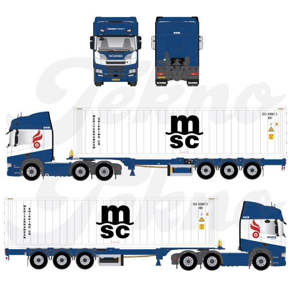 86829 - Tekno - Scania R Highline 6x2 mit 40ft Kühlcontainer-Auflieger - Dania Connect / MSC - DK